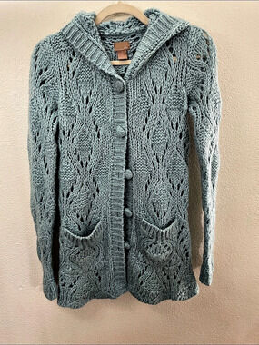 XXI Cable Knit Hooded long Cardigan bright Blue wool blend Small feminine
